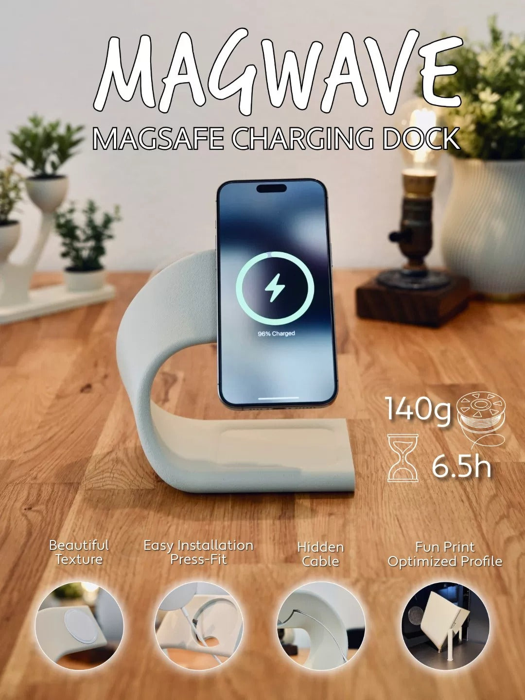 3D Printed MagWave MagSafe Charging Stand Wave Design Magnetic Phone Holder Compatible with iPhone 12/13/14/15/16/17